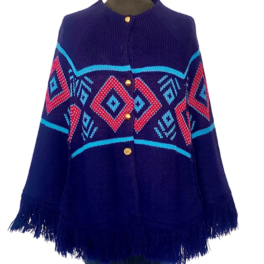 Vintage Poncho 60s 70s Boho Fringe Knit Sweater Cape Blue Retro Festival Hippie